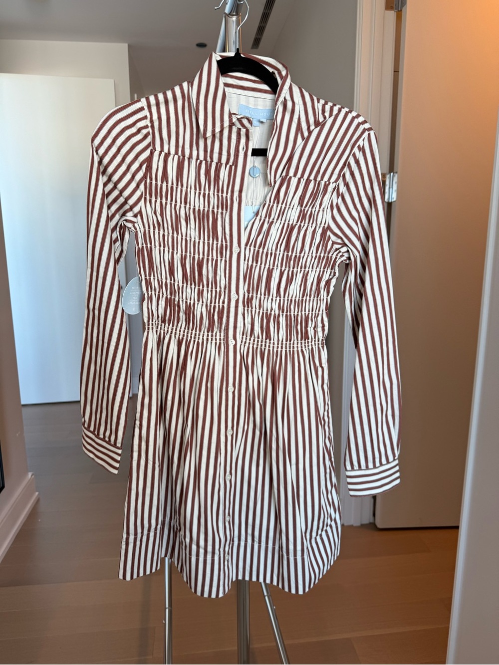 Hill House Cream and Brown Striped Smocked Shirt Dress